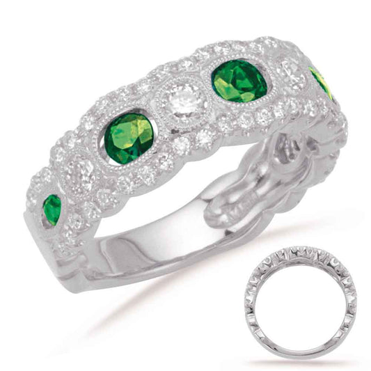 This Gem Stone Ring is available in 14K White Gold. There are a total of 59 stones. There are Emerald with a total carat weight of 0.48 set in a Bezel Set|Micro Prong setting.There are Rounds stones with a total carat weight of 0.55 set in a Bezel Set|Micro Prong.