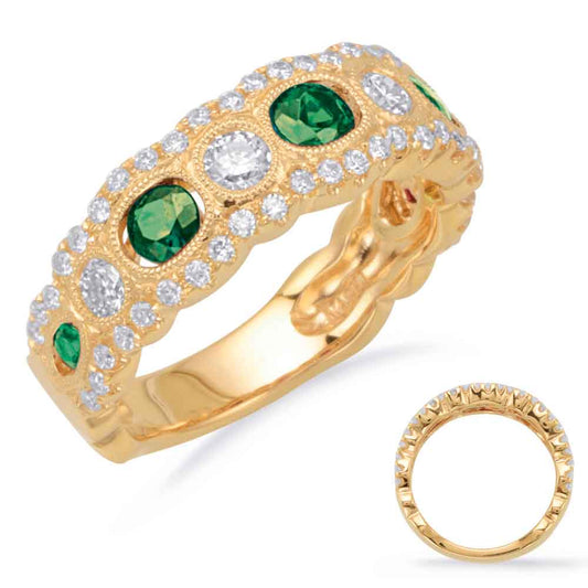 This Gem Stone Ring is available in 14K Yellow Gold. There are a total of 59 stones. There are Emerald with a total carat weight of 0.48 set in a Bezel Set|Micro Prong setting.There are Rounds stones with a total carat weight of 0.55 set in a Bezel Set|Micro Prong.