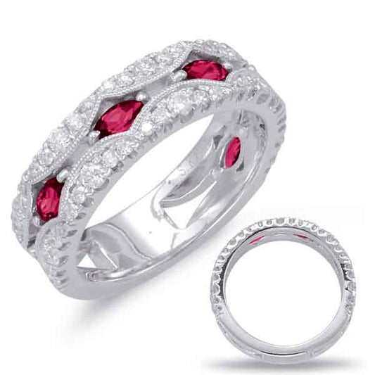 This Gem Stone Ring is available in 14K White Gold. There are a total of 56 stones. There are Rounds with a total carat weight of 0.58 set in a Micro Prong|Prong Set setting.There are Ruby stones with a total carat weight of 0.65 set in a Micro Prong|Prong Set.