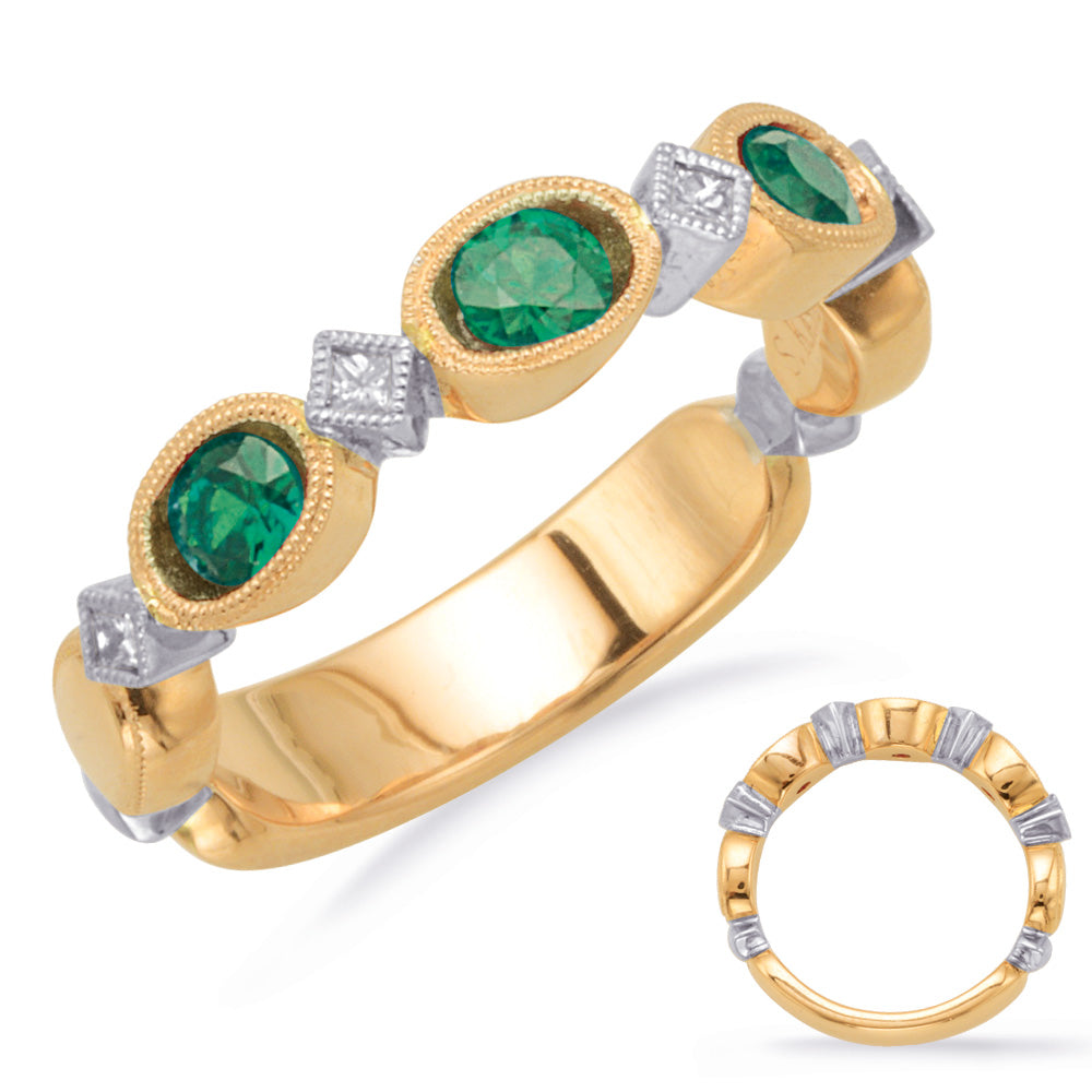 This Gem Stone Ring is available in 14K Yellow & White Gold. There are a total of 7 stones. There are Emerald with a total carat weight of 0.5 set in a Bezel Set|Channel Set setting.There are Princess stones with a total carat weight of 0.1 set in a Bezel Set|Channel Set.