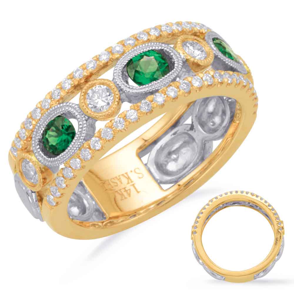 This Gem Stone Ring is available in 14K Yellow & White Gold. There are a total of 57 stones. There are Emerald with a total carat weight of 0.44 set in a Bezel Set|Channel Set|Micro Prong setting.There are Rounds stones with a total carat weight of 0.56 set in a Bezel Set|Channel Set|Micro Prong.