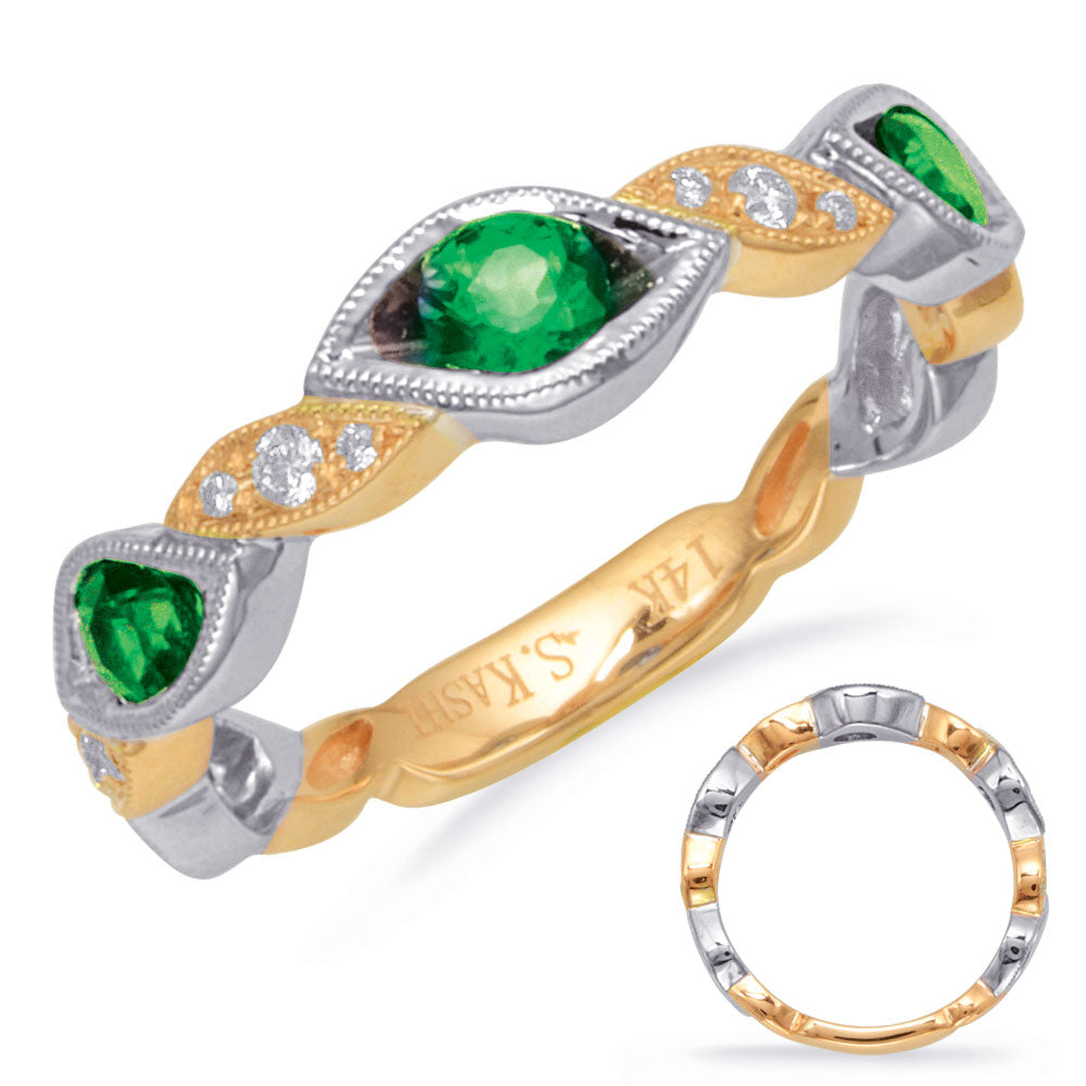 This Gem Stone Ring is available in 14K Yellow & White Gold. There are a total of 15 stones. There are Emerald with a total carat weight of 0.35 set in a Channel Set|Micro Prong setting.There are Rounds stones with a total carat weight of 0.09 set in a Channel Set|Micro Prong.