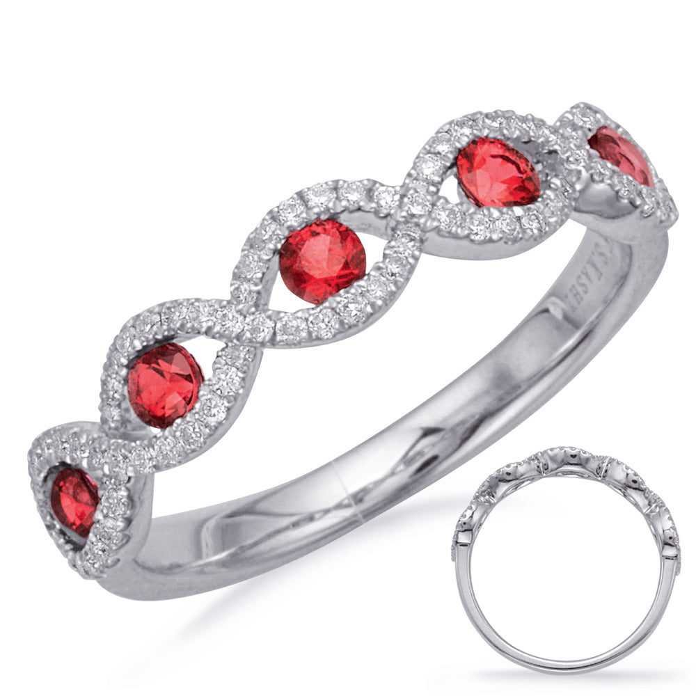 This Gem Stone Ring is available in 14K White Gold. There are a total of 81 stones. There are Rounds with a total carat weight of 0.25 set in a Channel Set|Micro Prong setting.There are Ruby stones with a total carat weight of 0.45 set in a Channel Set|Micro Prong.