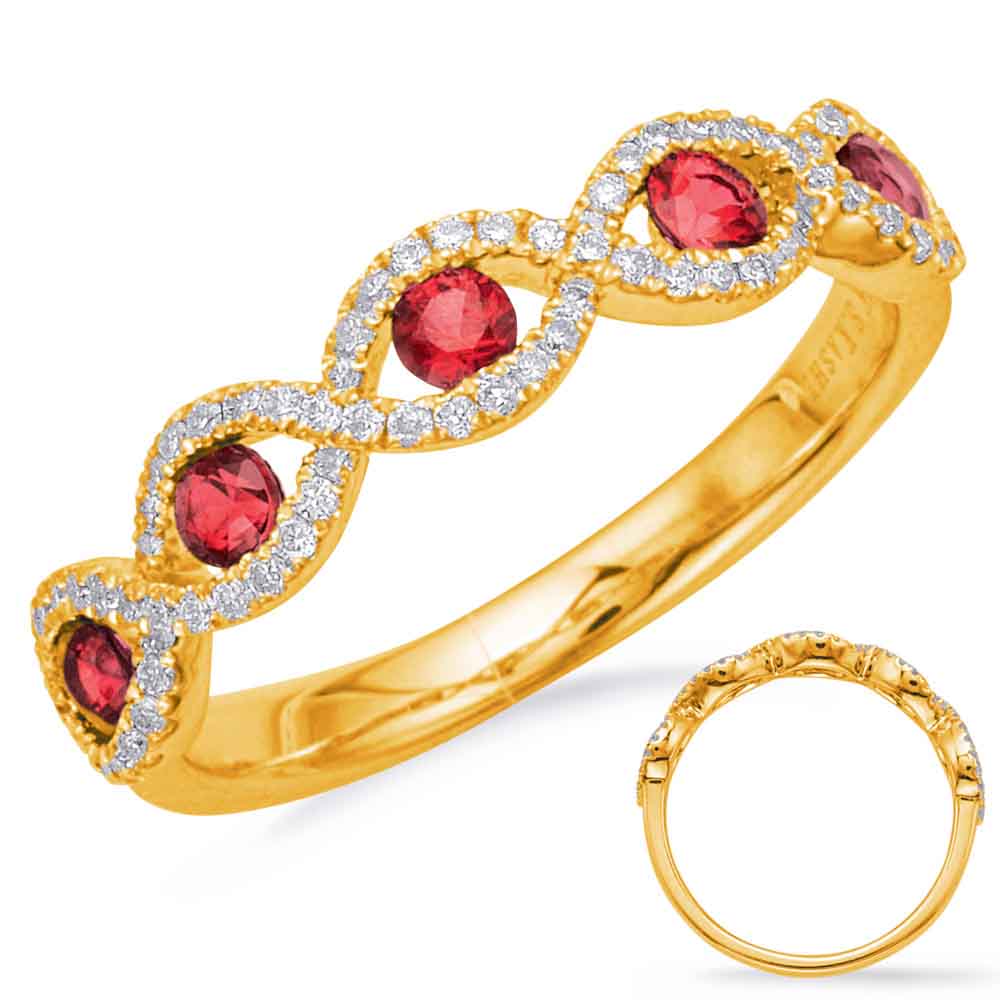 This Gem Stone Ring is available in 14K Yellow Gold. There are a total of 81 stones. There are Rounds with a total carat weight of 0.25 set in a Channel Set|Micro Prong setting.There are Ruby stones with a total carat weight of 0.45 set in a Channel Set|Micro Prong.
