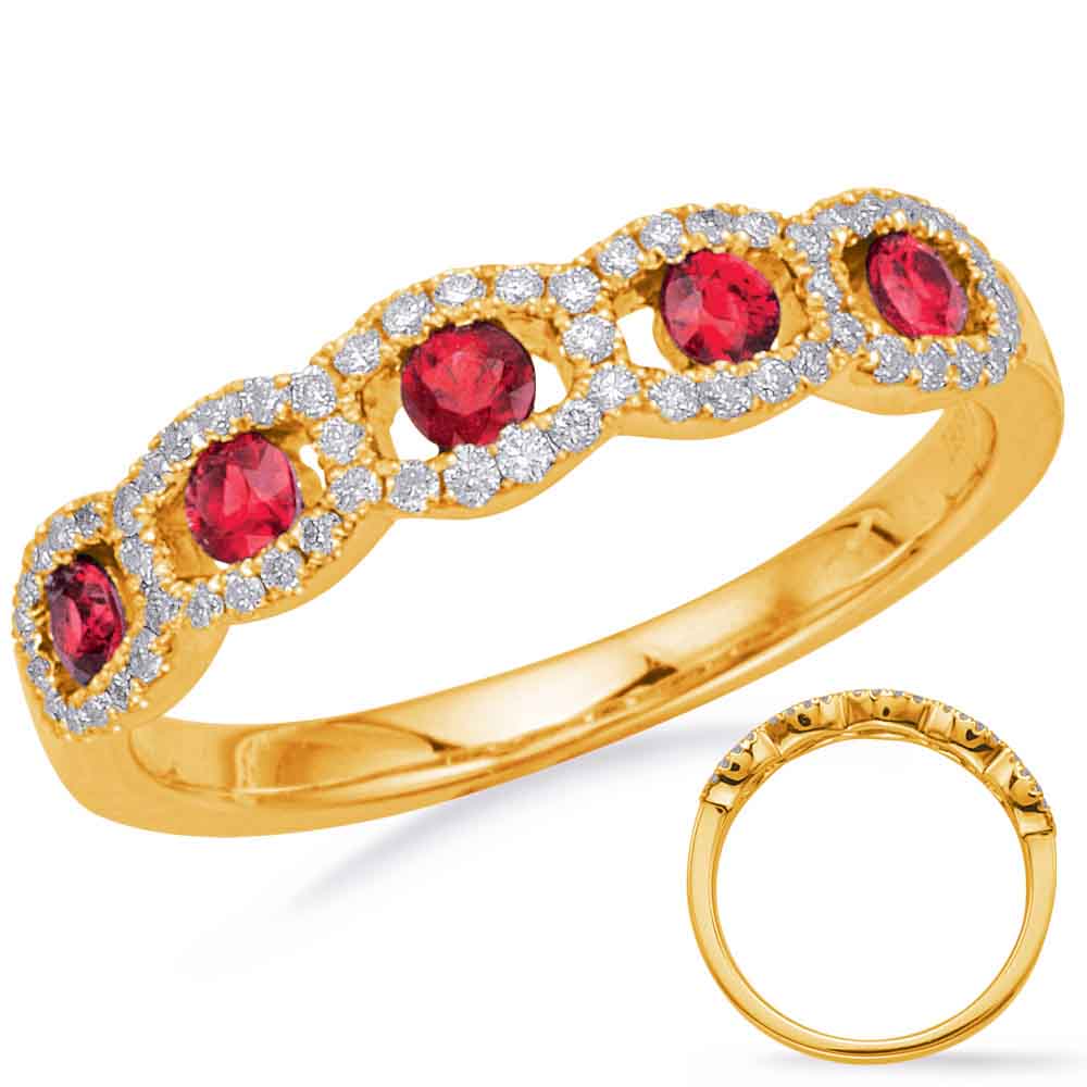 This Gem Stone Ring is available in 14K Yellow Gold. There are a total of 63 stones. There are Rounds with a total carat weight of 0.2 set in a Channel Set|Micro Prong setting.There are Ruby stones with a total carat weight of 0.37 set in a Channel Set|Micro Prong.