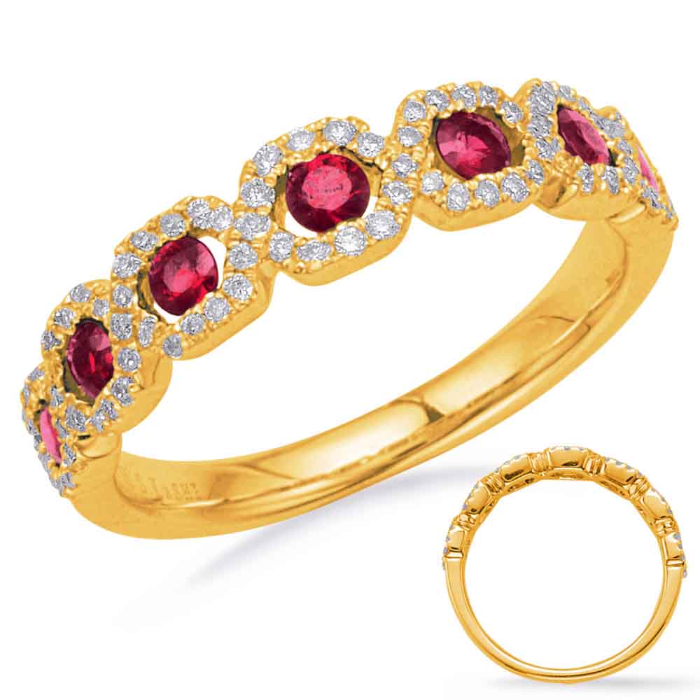 This Gem Stone Ring is available in 14K Yellow Gold. There are a total of 89 stones. There are Rounds with a total carat weight of 0.26 set in a Channel Set|Micro Prong setting.There are Ruby stones with a total carat weight of 0.48 set in a Channel Set|Micro Prong.