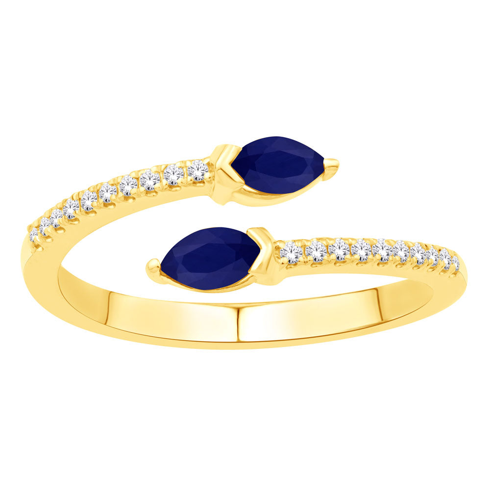 This Gem Stone Ring is available in 14K Yellow Gold. There are a total of 22 stones. There are Rounds with a total carat weight of 0.1 set in a Micro Prong|Prong Set setting.There are Sapphire stones with a total carat weight of 0.39 set in a Micro Prong|Prong Set.