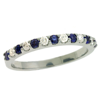 This Gem Stone Ring is available in 14K White Gold. There are a total of 13 stones. There are Rounds with a total carat weight of 0.15 set in a  setting.There are Sapphire stones with a total carat weight of 0.29 set in a .