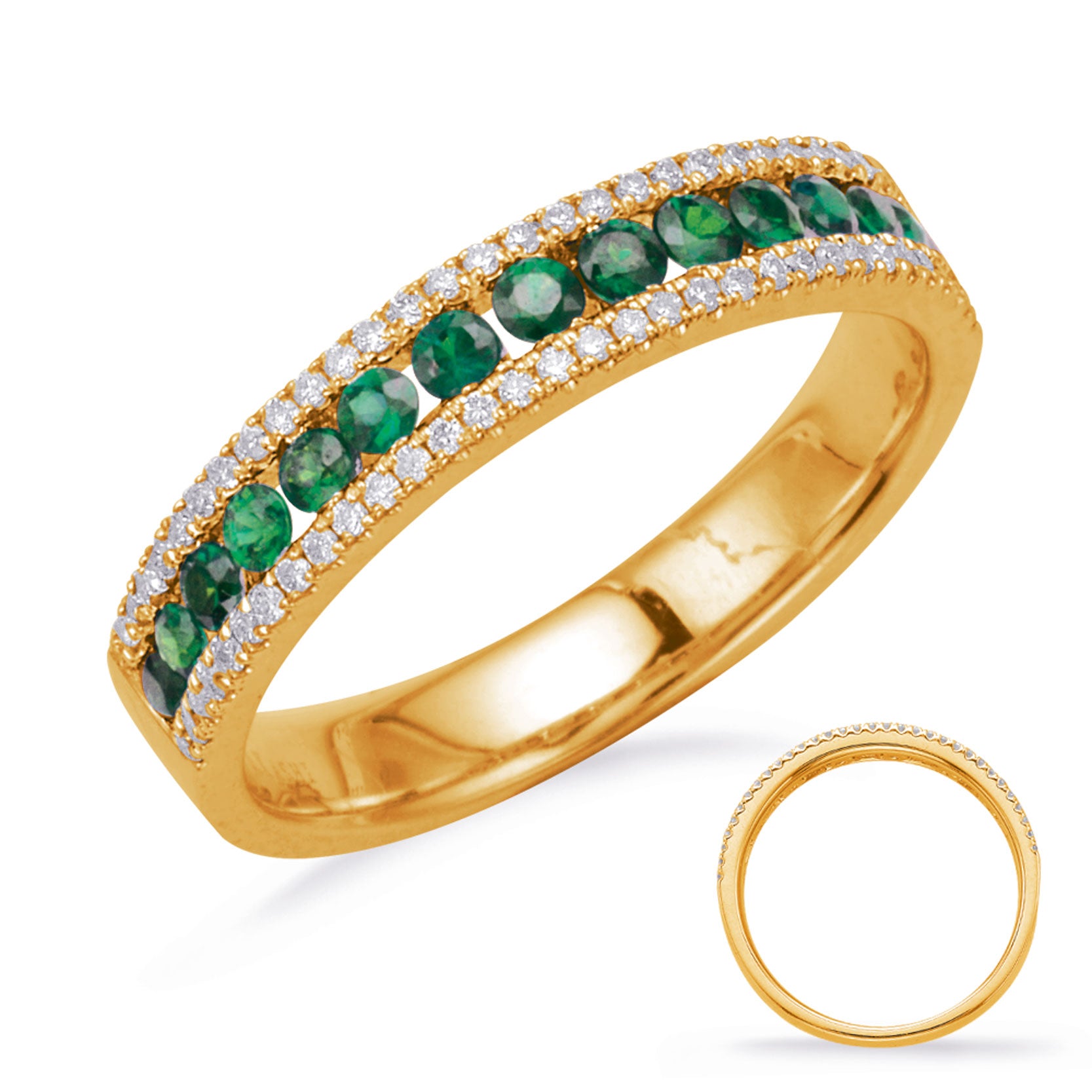 This Gem Stone Ring is available in 14K Yellow Gold. There are a total of 79 stones. There are Emerald with a total carat weight of 0.34 set in a Channel Set|Micro Prong setting.There are Rounds stones with a total carat weight of 0.17 set in a Channel Set|Micro Prong.