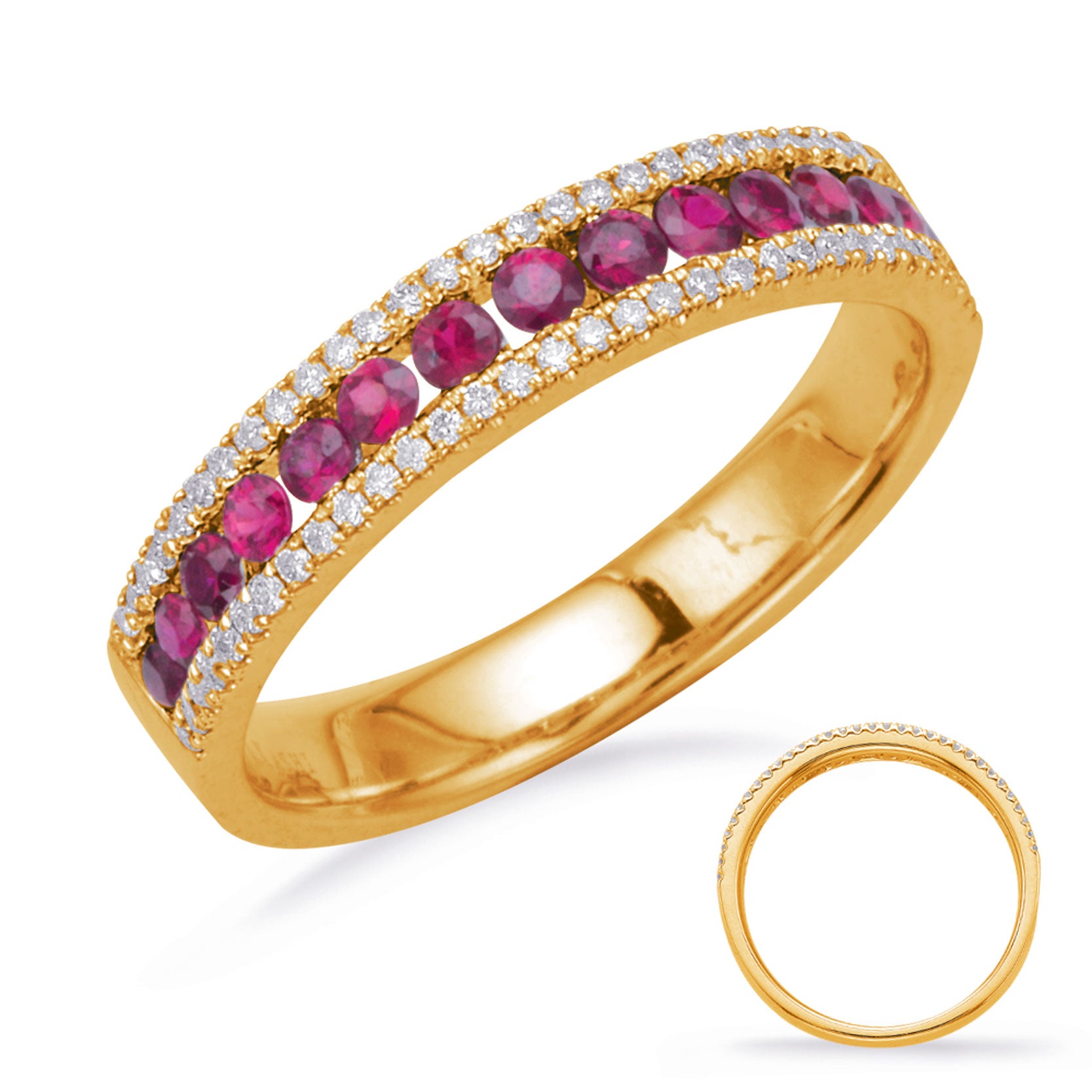 This Gem Stone Ring is available in 14K Yellow Gold. There are a total of 79 stones. There are Rounds with a total carat weight of 0.17 set in a Channel Set|Micro Prong setting.There are Ruby stones with a total carat weight of 0.48 set in a Channel Set|Micro Prong.