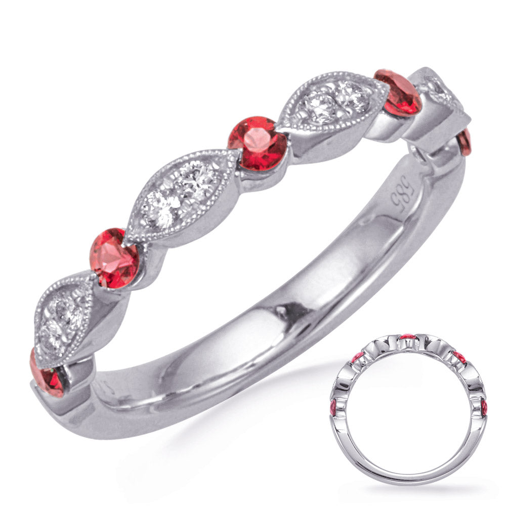 This Gem Stone Ring is available in 14K White Gold. There are a total of 13 stones. There are Rounds with a total carat weight of 0.15 set in a Channel Set|Micro Prong setting.There are Ruby stones with a total carat weight of 0.4 set in a Channel Set|Micro Prong.