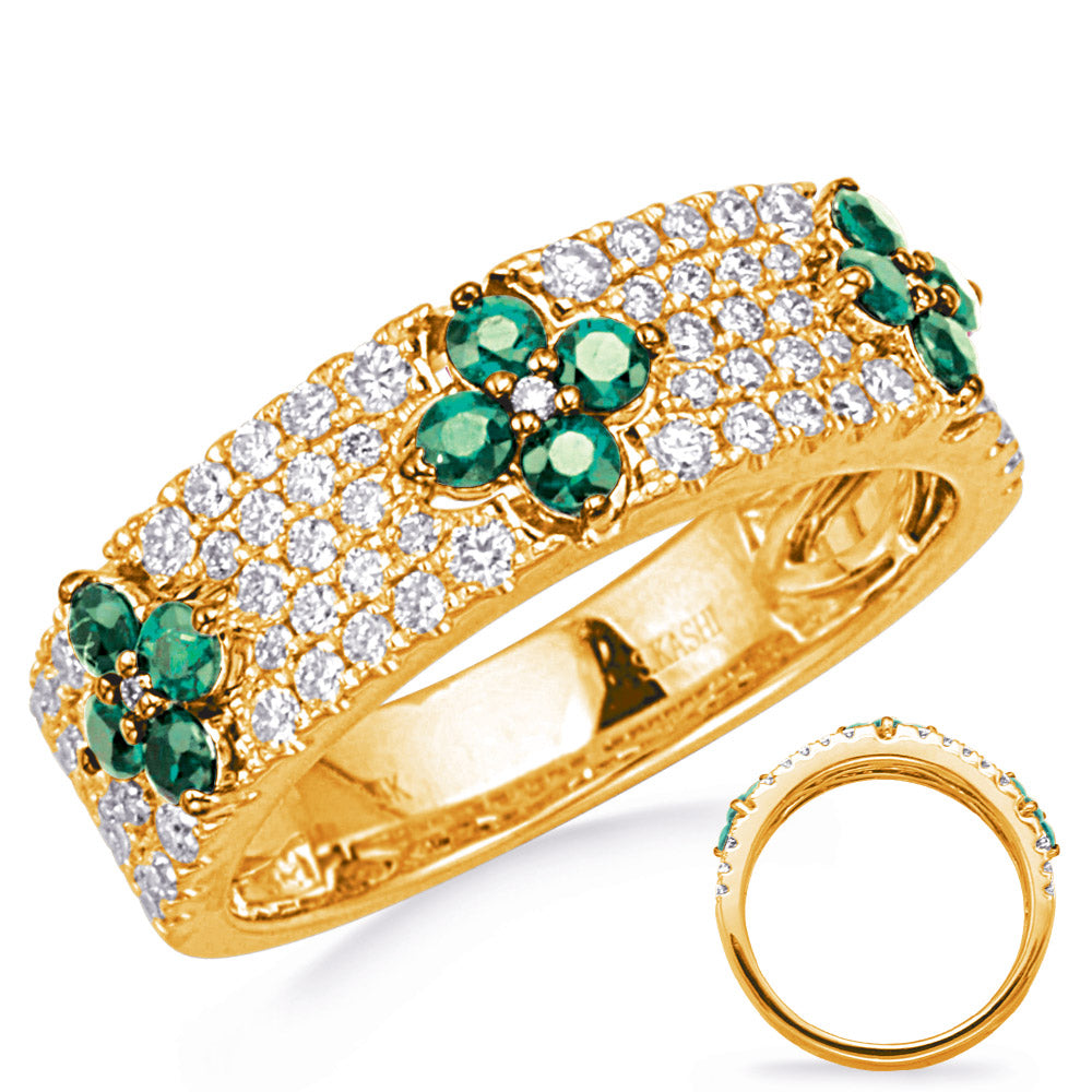 This Gem Stone Ring is available in 14K Yellow Gold. There are a total of 81 stones. There are Emerald with a total carat weight of 0.51 set in a Micro Prong setting.There are Rounds stones with a total carat weight of 0.57 set in a Micro Prong.