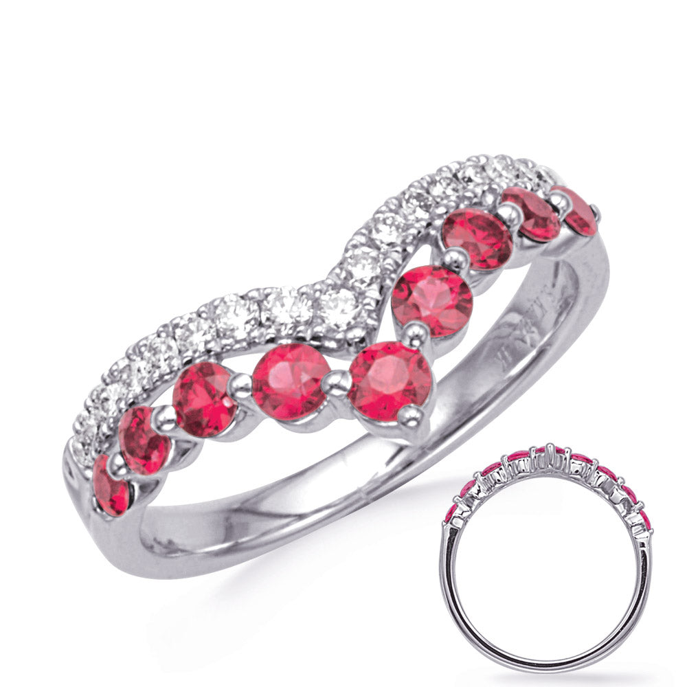 This Gem Stone Ring is available in 14K White Gold. There are a total of 26 stones. There are Rounds with a total carat weight of 0.25 set in a Prong Set setting.There are Ruby stones with a total carat weight of 0.73 set in a Prong Set.