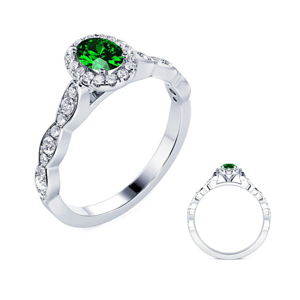 This Gem Stone Ring is available in 14K White Gold. There are a total of 35 stones. There are Emerald with a total carat weight of 0.4 set in a Micro Prong setting.There are Rounds stones with a total carat weight of 0.29 set in a Micro Prong.