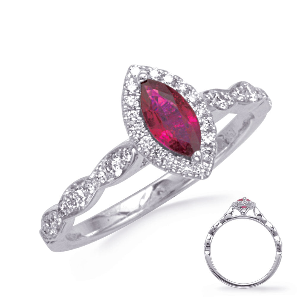 This Gem Stone Ring is available in 14K White Gold. There are a total of 37 stones. There are Rounds with a total carat weight of 0.31 set in a Micro Prong setting.There are Ruby stones with a total carat weight of 0.48 set in a Micro Prong.