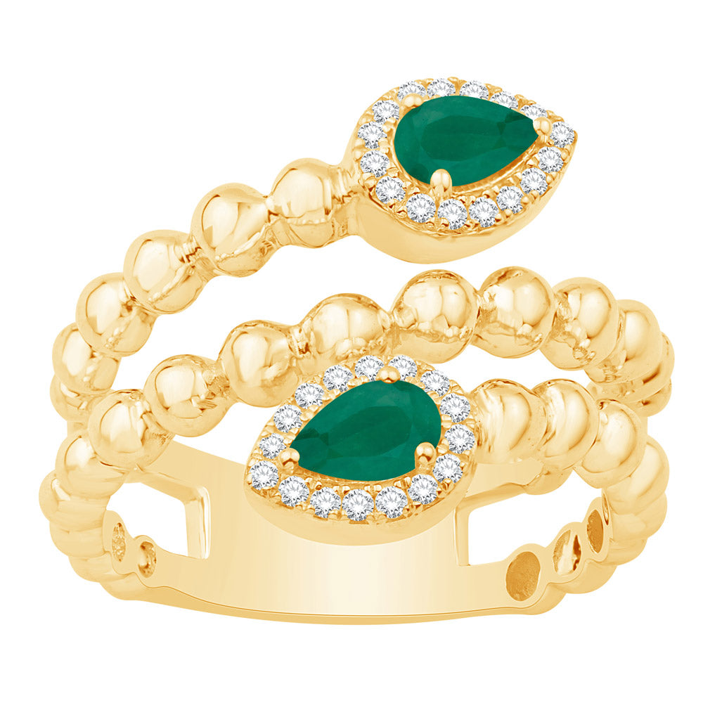 This Gem Stone Ring is available in 14K Yellow Gold. There are a total of 34 stones. There are Emerald with a total carat weight of 0.39 set in a Micro Prong|Prong Set setting.There are Rounds stones with a total carat weight of 0.17 set in a Micro Prong|Prong Set.