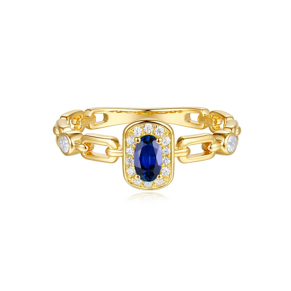 This Gem Stone Ring is available in 14K Yellow Gold. There are a total of 17 stones. There are Rounds with a total carat weight of 0.13 set in a Micro Prong|Prong Set setting.There are Sapphire stones with a total carat weight of 0.29 set in a Micro Prong|Prong Set.