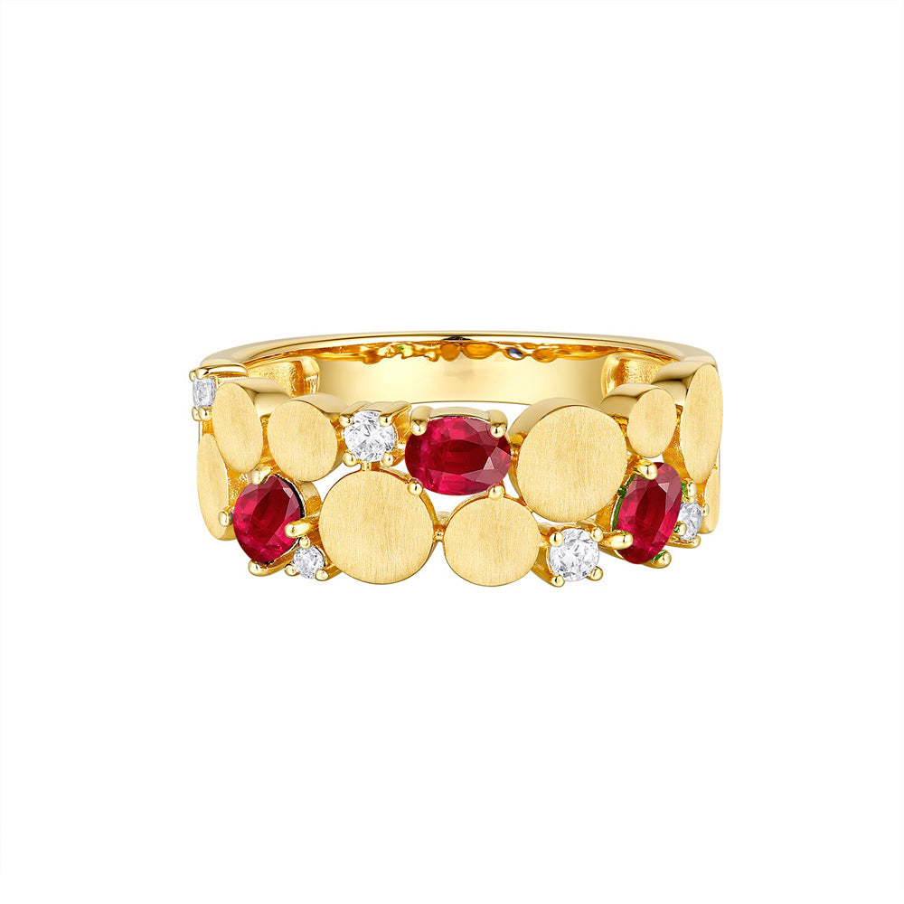 This Gem Stone Ring is available in 14K Yellow Gold. There are a total of 8 stones. There are Rounds with a total carat weight of 0.13 set in a  setting.There are Ruby stones with a total carat weight of 0.59 set in a .