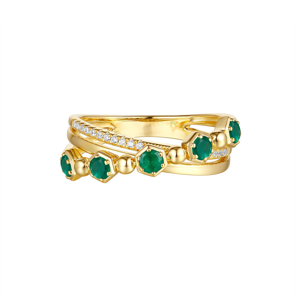 This Gem Stone Ring is available in 14K Yellow Gold. There are a total of 22 stones. There are Emerald with a total carat weight of 0.38 set in a Micro Prong|Prong Set setting.There are Rounds stones with a total carat weight of 0.07 set in a Micro Prong|Prong Set.