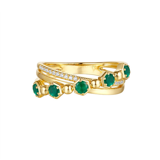 This Gem Stone Ring is available in 14K Yellow Gold. There are a total of 22 stones. There are Emerald with a total carat weight of 0.38 set in a Micro Prong|Prong Set setting.There are Rounds stones with a total carat weight of 0.07 set in a Micro Prong|Prong Set.