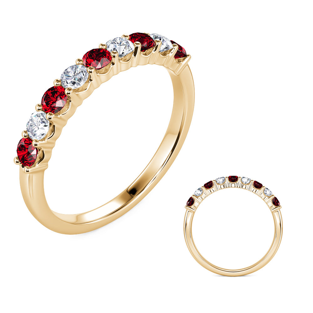 This Gem Stone Ring is available in 14K Yellow Gold. There are a total of 9 stones. There are Rounds with a total carat weight of 0.2 set in a Prong Set setting.There are Ruby stones with a total carat weight of 0.34 set in a Prong Set.