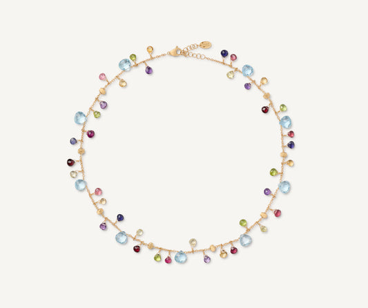 Gold chain necklace with multicoloured gemstones