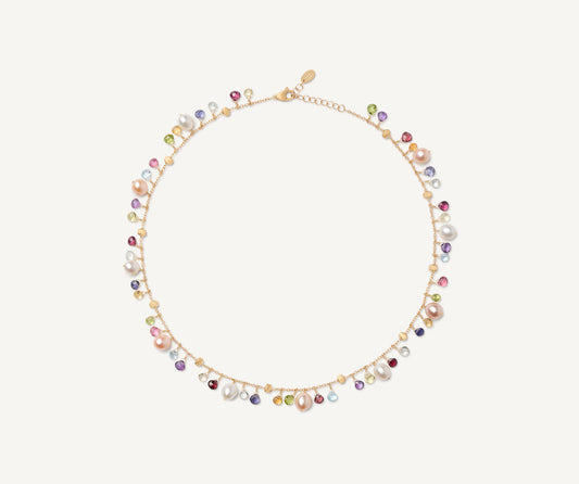 Gold necklace with pearls and multicoloured gemstones