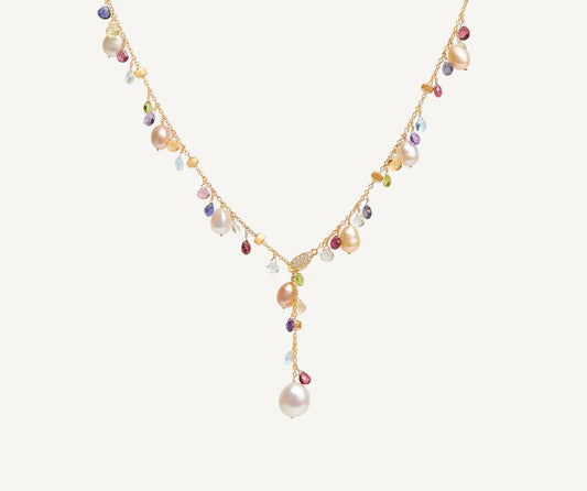Pearls and mixed gemstone 18kt yellow gold lariat necklace