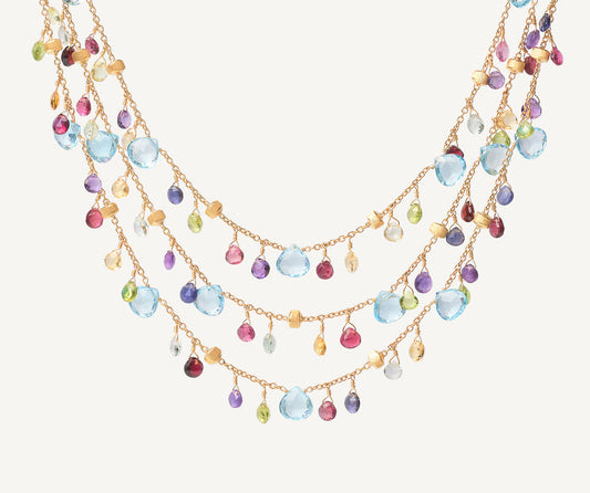 Three-strand chain necklace with multicoloured gemstones