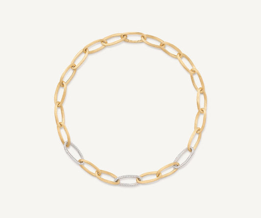 18kt yellow gold elongated link necklace with pav diamond links
