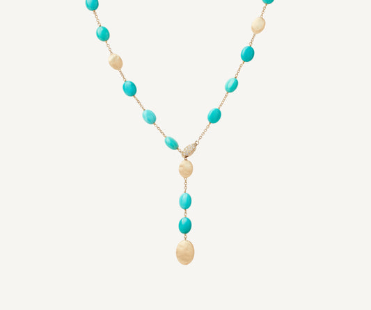 18kt yellow gold turquoise and gold lariat necklace with diamond pav clasp