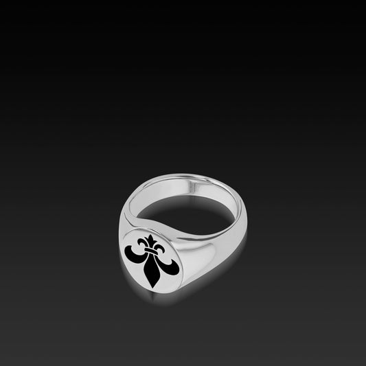 Palladium Silver Signet Ring with Fleur de Lis