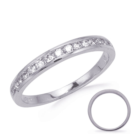 This Band is available in 14K White Gold. There are a total of 15 stones. There are Round with a total carat weight of 0.27 set in a Channel Set setting.