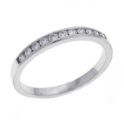 This Band is available in 14K White Gold. There are a total of 11 stones. There are Round with a total carat weight of 0.23 set in a Channel Set setting.