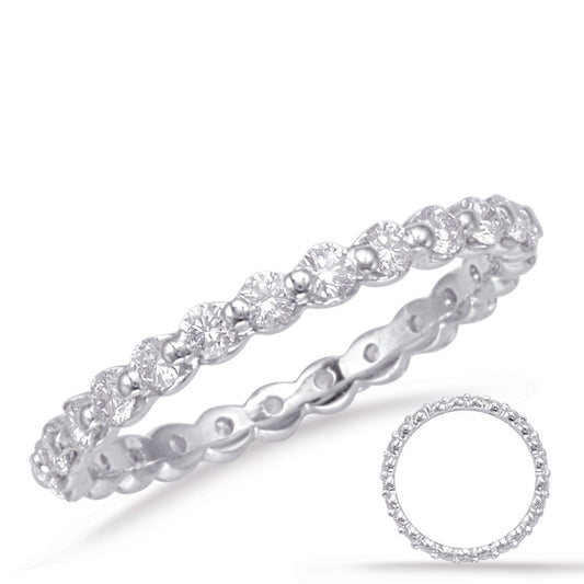 This Band is available in 14K White Gold. There are a total of 25 stones. There are Round with a total carat weight of 0.84 set in a Shared Prongs setting.