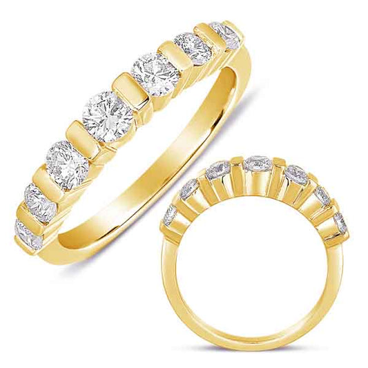 This Band is available in 14K Yellow Gold. There are a total of 7 stones. There are Round with a total carat weight of 0.82 set in a setting.