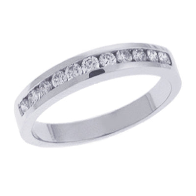 This Band is available in 14K White Gold. There are a total of 11 stones. There are Round with a total carat weight of 0.33 set in a setting.