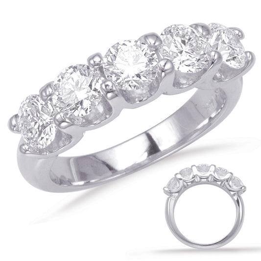 This Band is available in 14K White Gold. There are a total of 5 stones. There are Round with a total carat weight of 2.5 set in a setting.