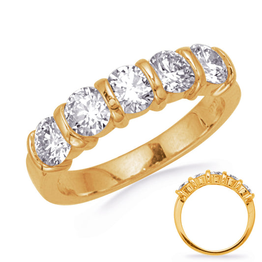 This Band is available in 14K Yellow Gold. There are a total of 5 stones. There are Round with a total carat weight of 1.5 set in a setting.