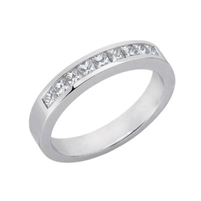 This Band is available in 14K White Gold. There are a total of 9 stones. There are Princess with a total carat weight of 0.55 set in a setting.