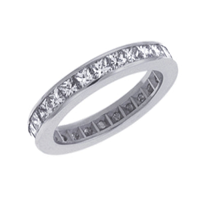 This Band is available in 14K White Gold. There are a total of 23 stones. There are Princess with a total carat weight of 2.3 set in a Channel Set setting.
