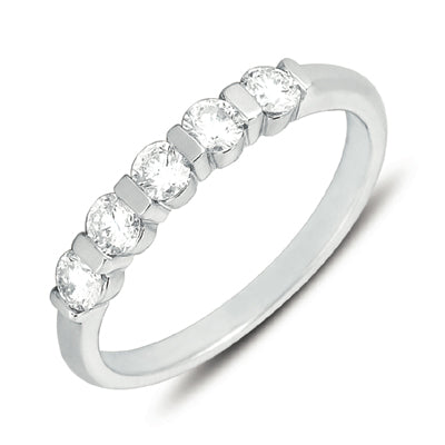 This Band is available in 14K White Gold. There are a total of 5 stones. There are Round with a total carat weight of 0.5 set in a Channel Set setting.