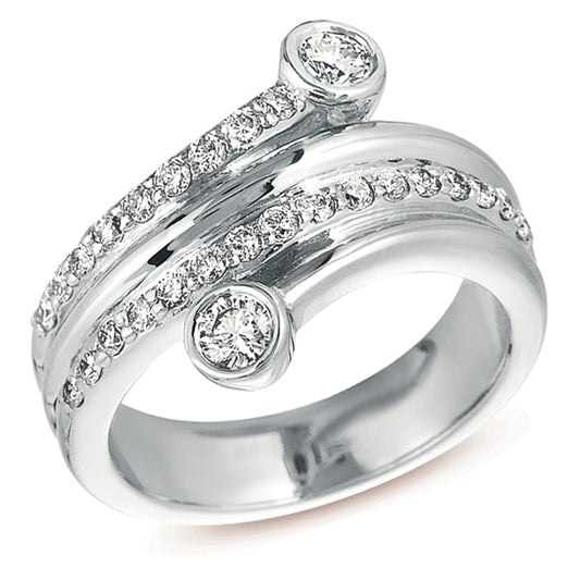 This Fashion Ring is available in 14K White Gold. There are a total of 27 stones. There are Rounds with a total carat weight of 0.64 set in a Bezel Set|Micro Prong setting.