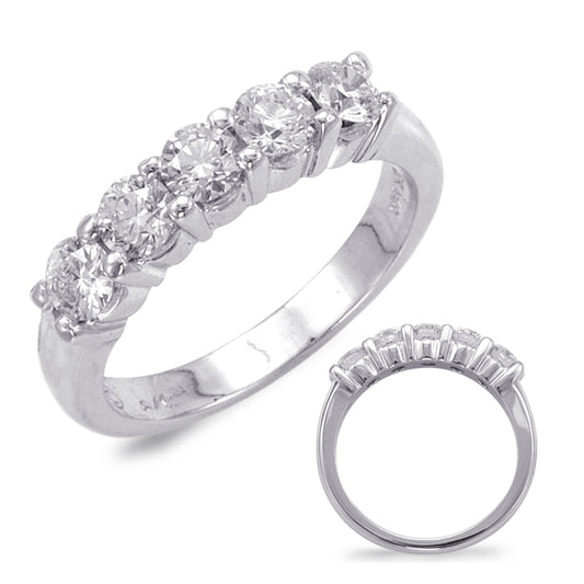 This Band is available in 14K White Gold. There are a total of 5 stones. There are Round with a total carat weight of 1 set in a Micro Prong setting.