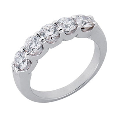 This Band is available in 14K White Gold. There are a total of 5 stones. There are Round with a total carat weight of 1.5 set in a Prong Set setting.