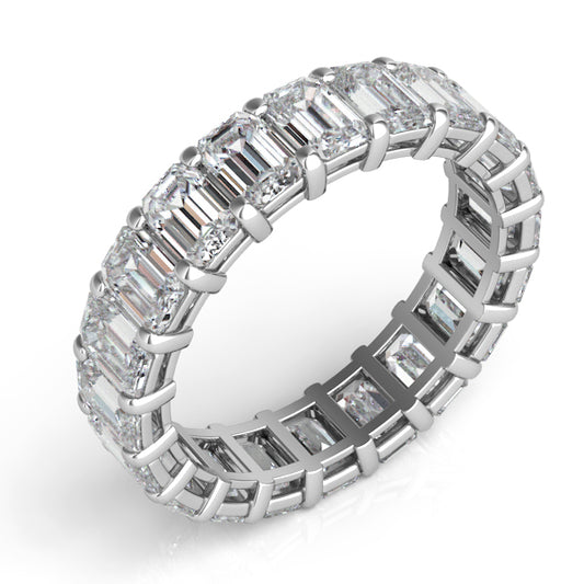 This Band is available in 14K White Gold. There are a total of 30 stones. There are Emerald Cut with a total carat weight of 2.5 set in a Channel Set|Prong Set setting.