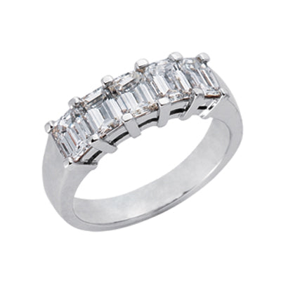 This Band is available in 14K White Gold. There are a total of 5 stones. There are Emerald Cut with a total carat weight of 1.75 set in a setting.
