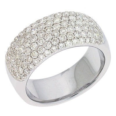 This Band is available in 14K White Gold. There are a total of 105 stones. There are Round with a total carat weight of 1.45 set in a Micro Pave setting.