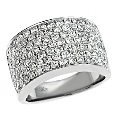 This Fashion Ring is available in 14K White Gold. There are a total of 107 stones. There are Rounds with a total carat weight of 1.87 set in a setting.