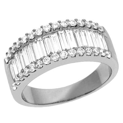 This Fashion Ring is available in 14K White Gold. There are a total of 42 stones. There are Baguette with a total carat weight of 1.04 set in a Channel Set|Micro Prong setting.There are Rounds stones with a total carat weight of 0.38 set in a Channel Set|Micro Prong.